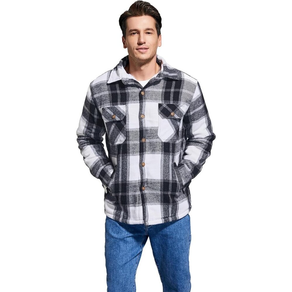 Men's Blackline Cotton Sherpa Lined Button Down Flannel Shirt Jacket Plaid Soft - Picture 5 of 7